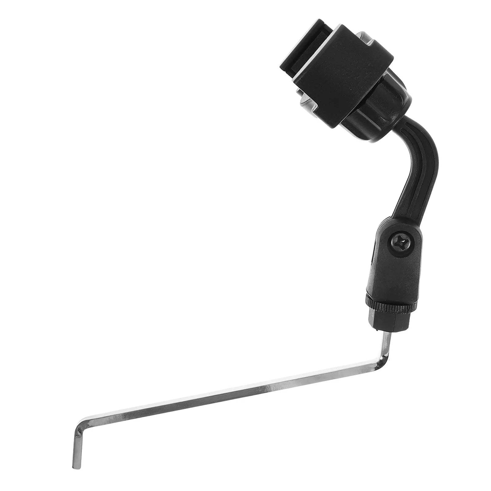 Black adjustable camera mount with silver hex wrench attached for saxophone phone clip sheet music holder and instrument microphone clip