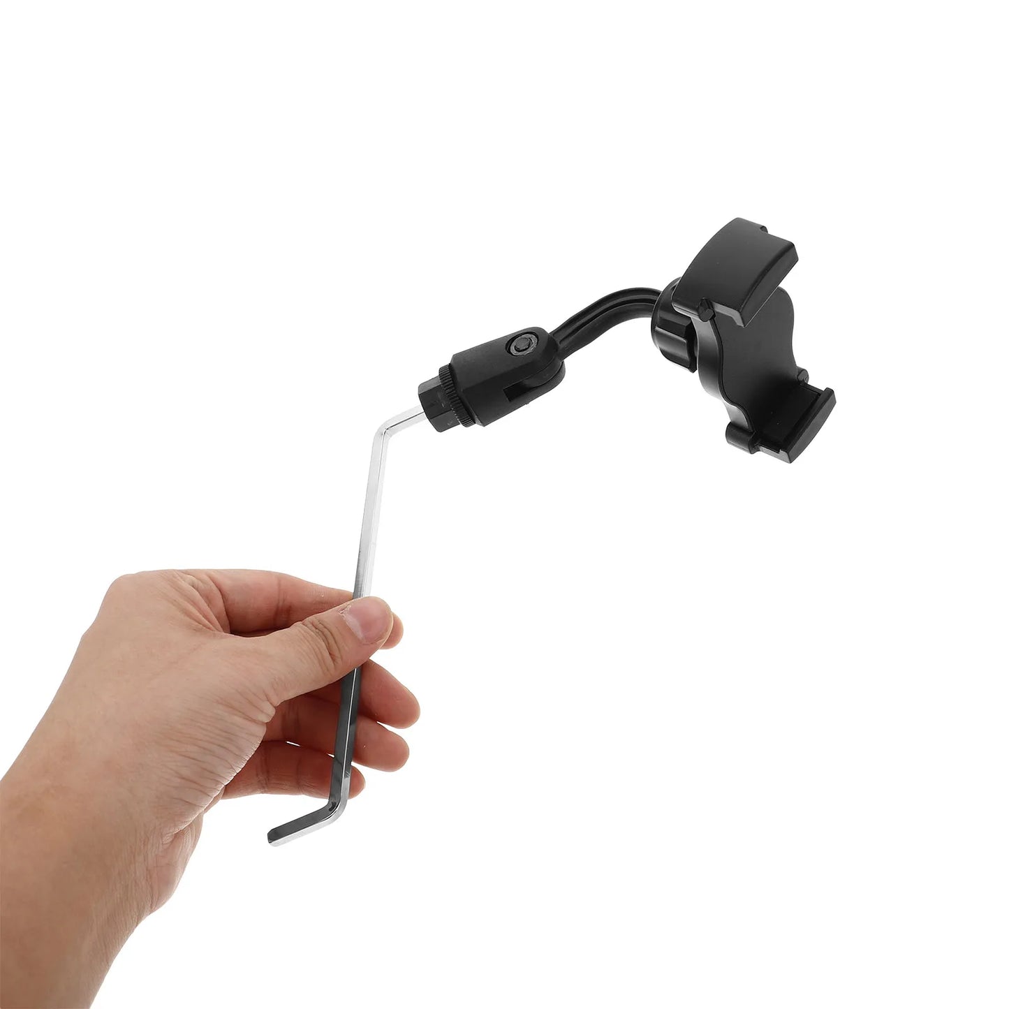 Black saxophone phone clip with adjustable arm and silver hex wrench for tightening as a stable sheet music holder