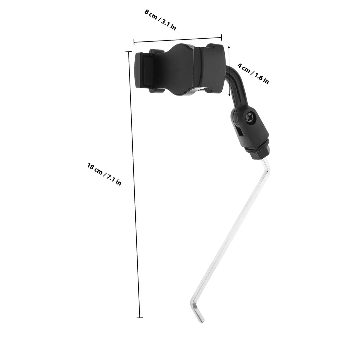Black plastic saxophone phone clip with adjustable arm and silver l-shaped wrench for sheet music holder use