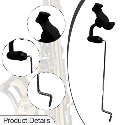 Black plastic saxophone phone holder with curved metal rod stand music clip for steady support and sheet music holding