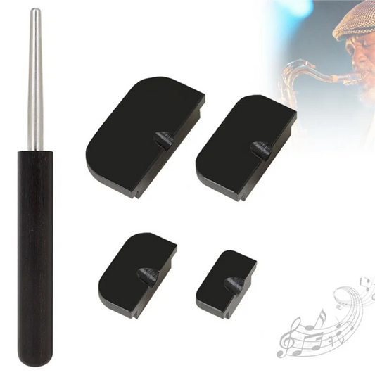 Black wooden-handled tuning fork with silver metal tip and four black plastic caps for saxophone sound hole deformation tools