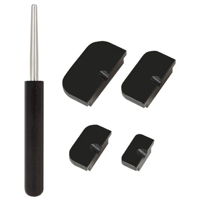Black wooden-handled saxophone sound hole deformation tool with silver shaft and four black plastic hole deformation components