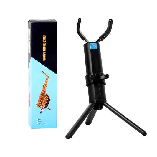 Black plastic alto sax stand with metal legs tripod base and adjustable arms for portable foldable use