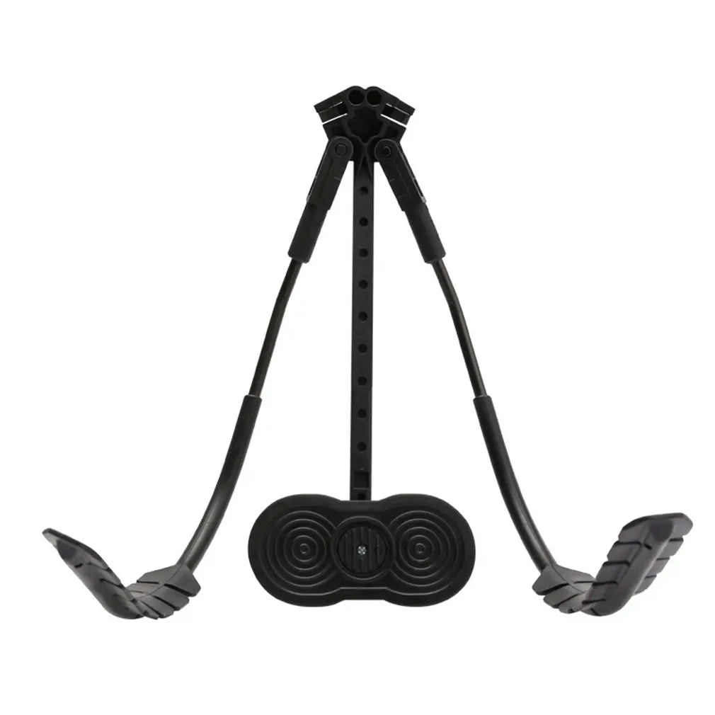 Black plastic adjustable guitar stand with textured feet and central support bar for strap saxophone shoulder use