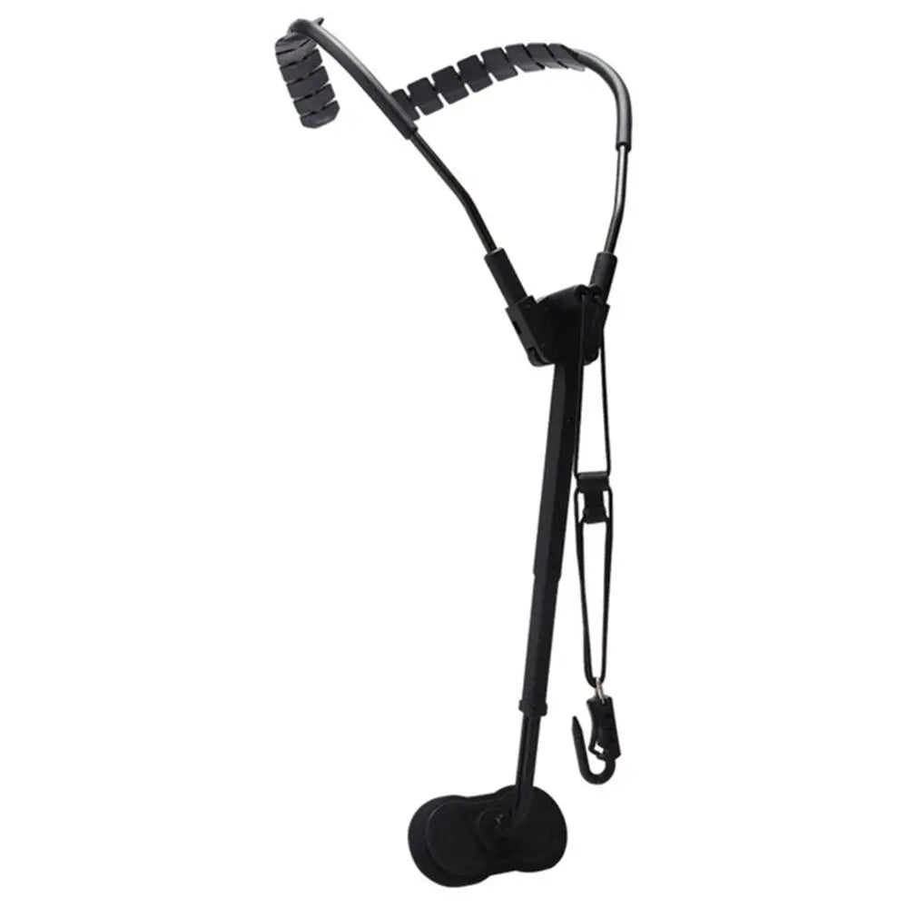Black plastic and metal fishing rod holder with padded grip and adjustable strap for secure saxophone shoulder protection