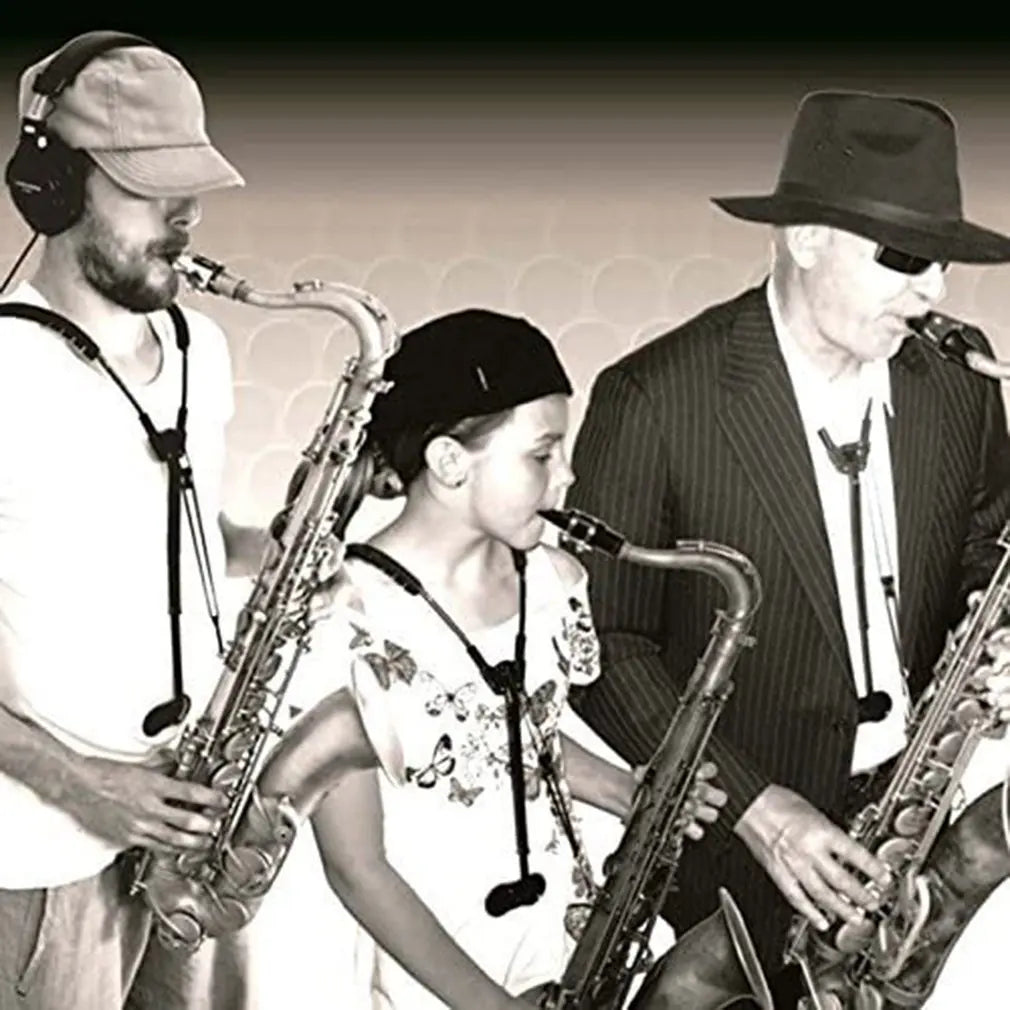 Three metallic saxophones with intricate keywork paired with a strap saxophone shoulder lanyard neck strap protection accessory
