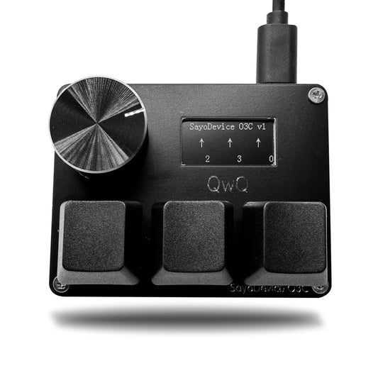 Black sayodevice 03c v1 midi controller with brushed metal knob lcd screen and three square foot pedals featuring sayodevice rapid trigger and trigger magnetic switches with keyboard volume knob