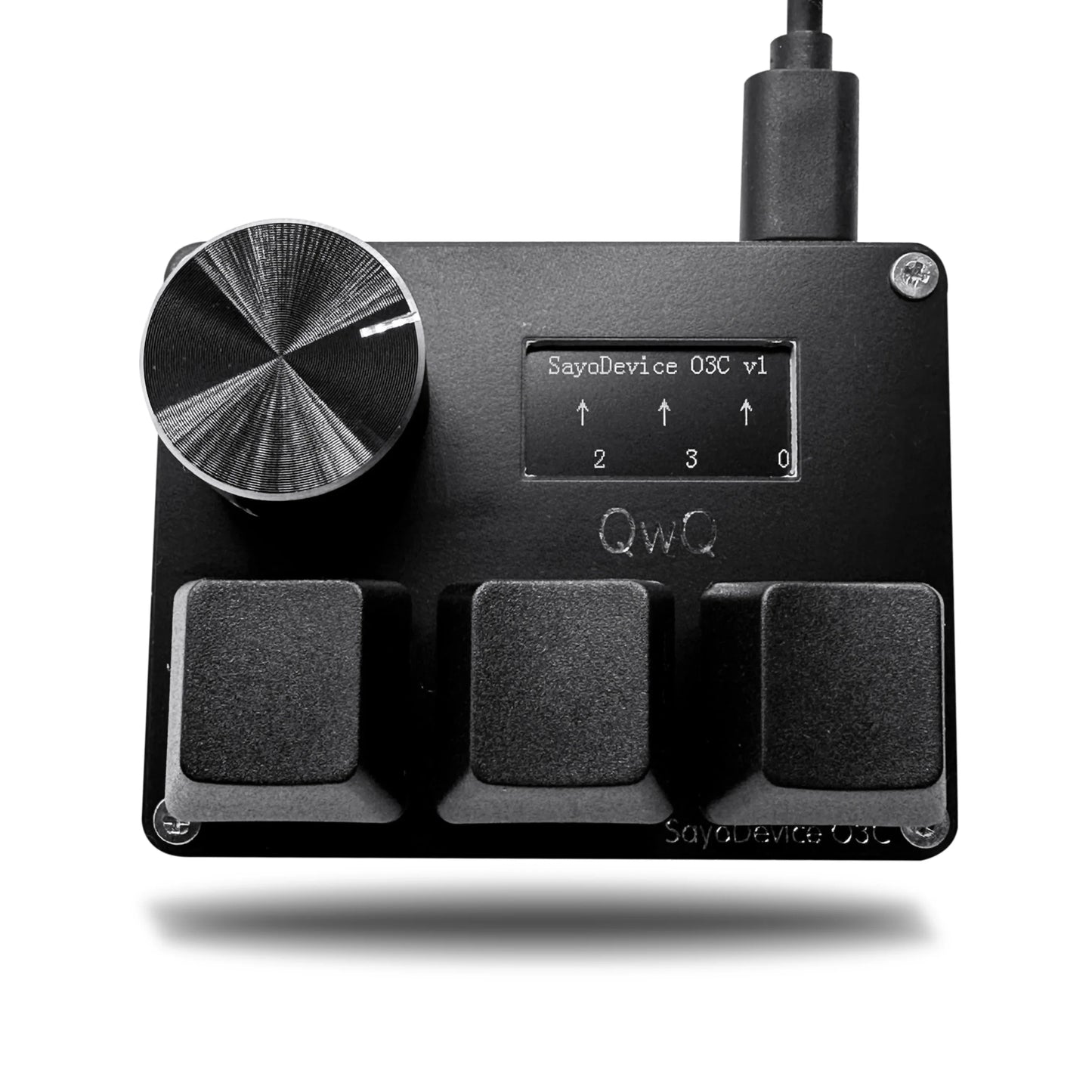 Black sayodevice rapid trigger o3c midi controller with trigger magnetic switches, brushed metal knob, three foot pedals, and lcd screen