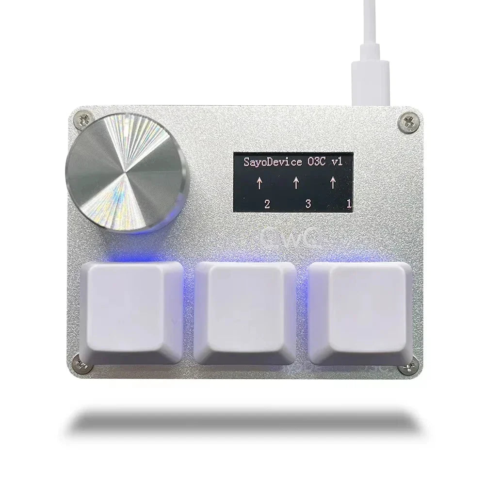 Silver sayodevice rapid trigger keyboard with brushed metal finish, blue backlit keys, and metallic volume knob