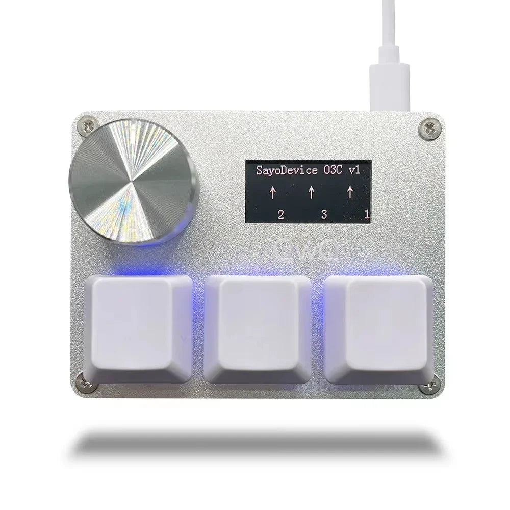 Silver sayodevice rapid trigger keyboard volume knob with brushed metal finish, blue backlit keys, and trigger magnetic switches