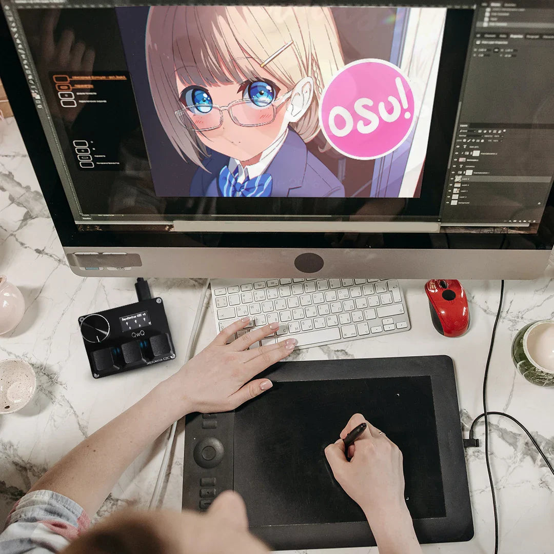 Black graphic tablet with stylus resting on sayodevice rapid trigger keyboard featuring magnetic switches and volume knob