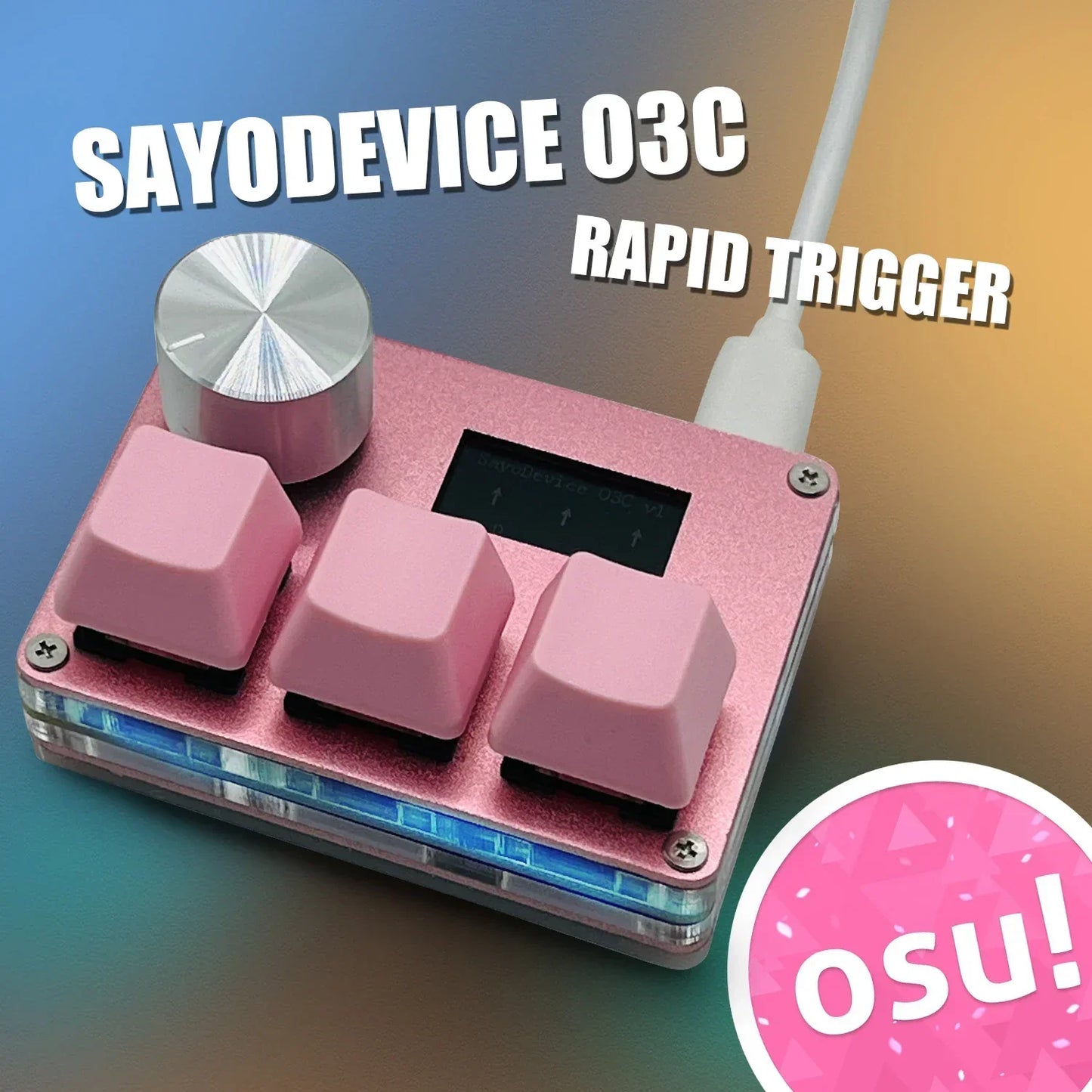 Pink metallic sayodevice rapid trigger with three pink keycaps and silver rotary dial for music game keyboard volume control