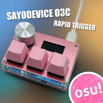Pink metallic sayodevice rapid trigger with three pink keycaps and silver rotary dial for music game keyboard volume control