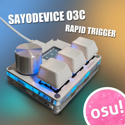 Silver sayodevice rapid trigger keyboard with white keycaps blue led lighting and trigger magnetic switches volume knob