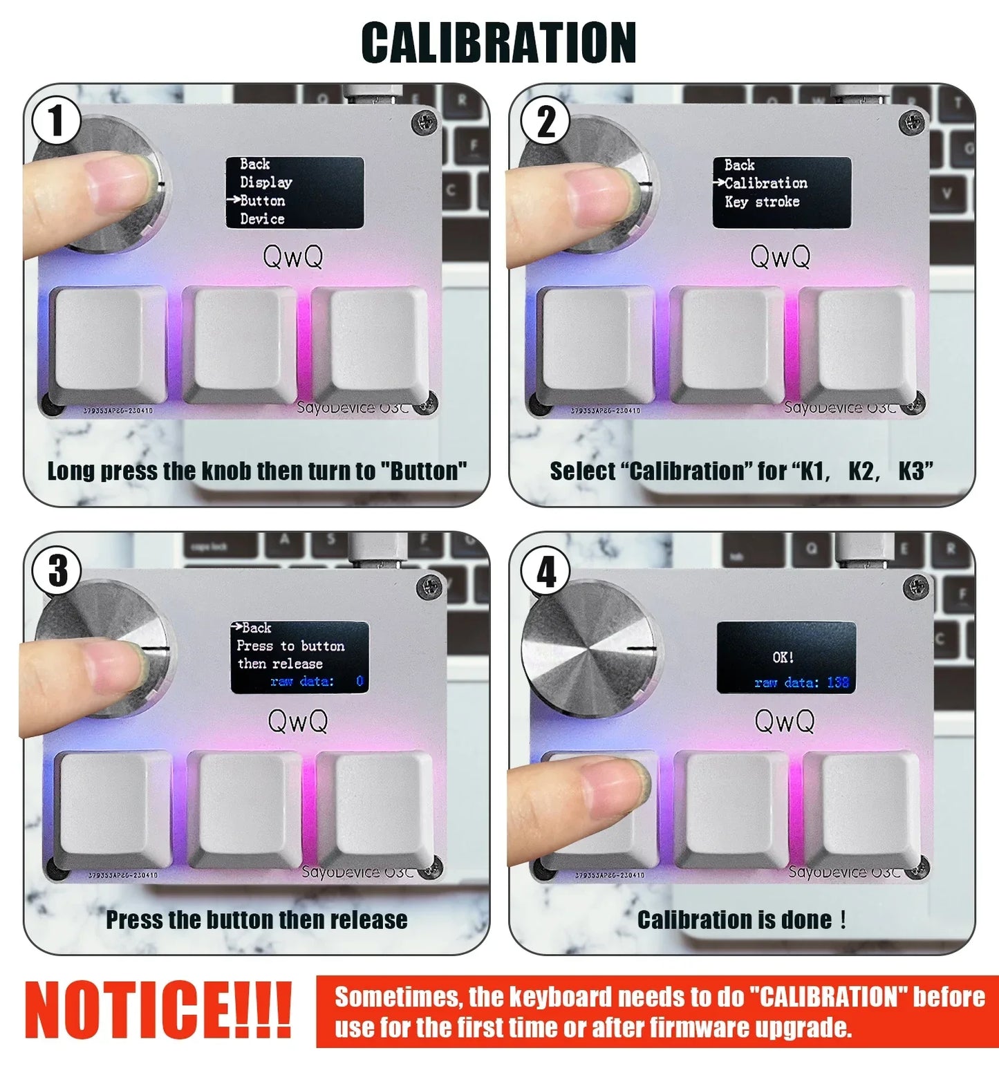 Silver metallic sayodevice rapid trigger calibration keypad with three white buttons and purple backlit keyboard volume knob