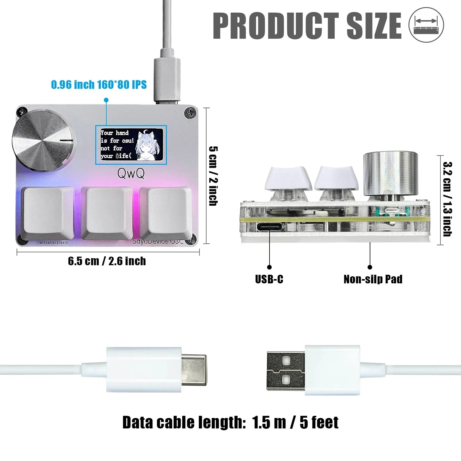 Silver qwq branded compact sayodevice rapid trigger keyboard with oled screen, trigger magnetic switches, and volume knob