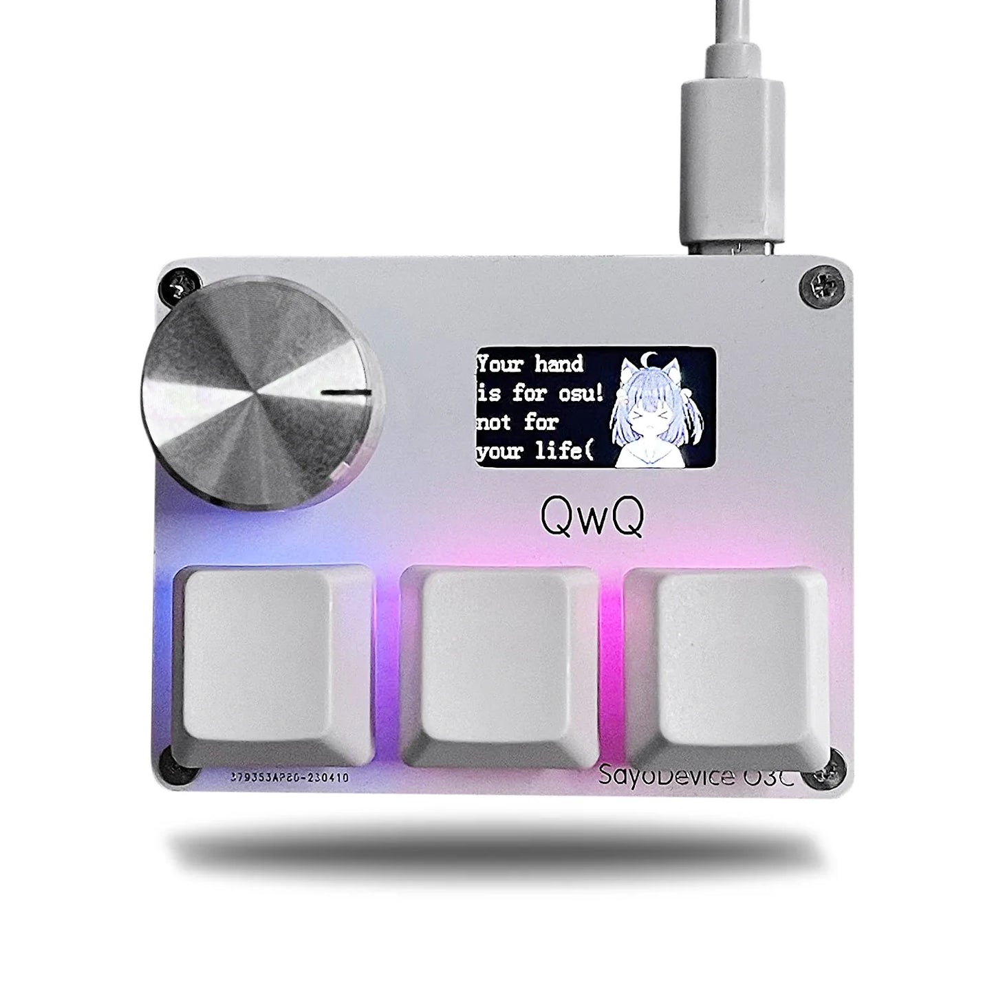 Silver SayoDevice rapid trigger music game keyboard with three white keys, trigger magnetic switches, metallic dial, and oled screen displaying anime art