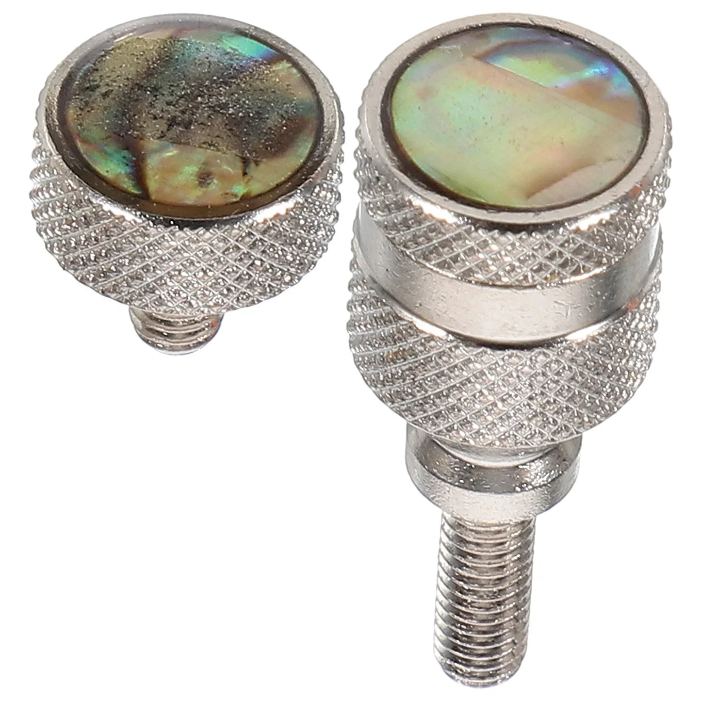 Silver-toned metal tuning knobs with textured diamond patterns and iridescent abalone inlays for saxophone neck curved nut instrument repair accessory metal professional