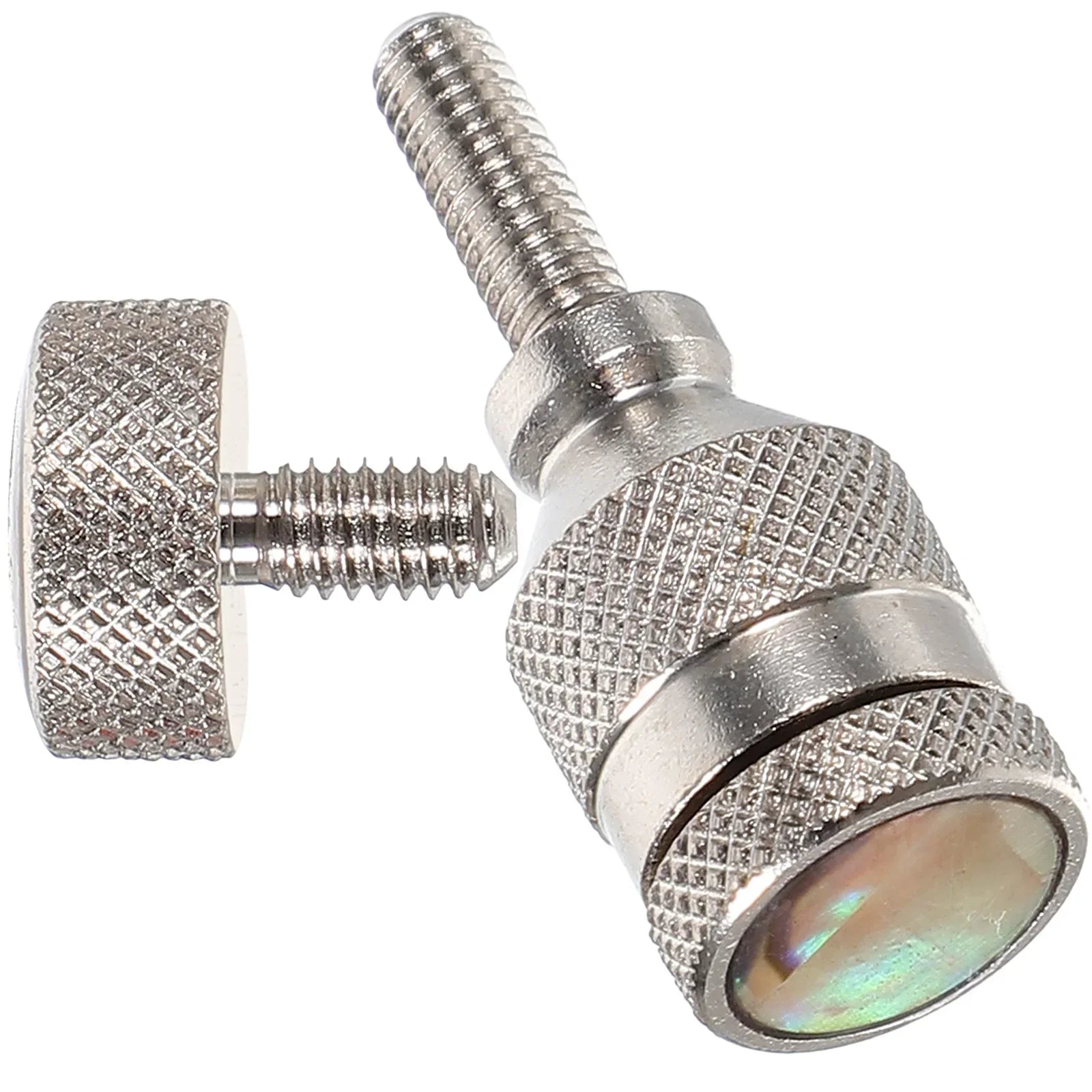 Silver metallic screw with textured knurled head and abalone inlay for saxophone neck curved nut instrument repair accessory metal professional