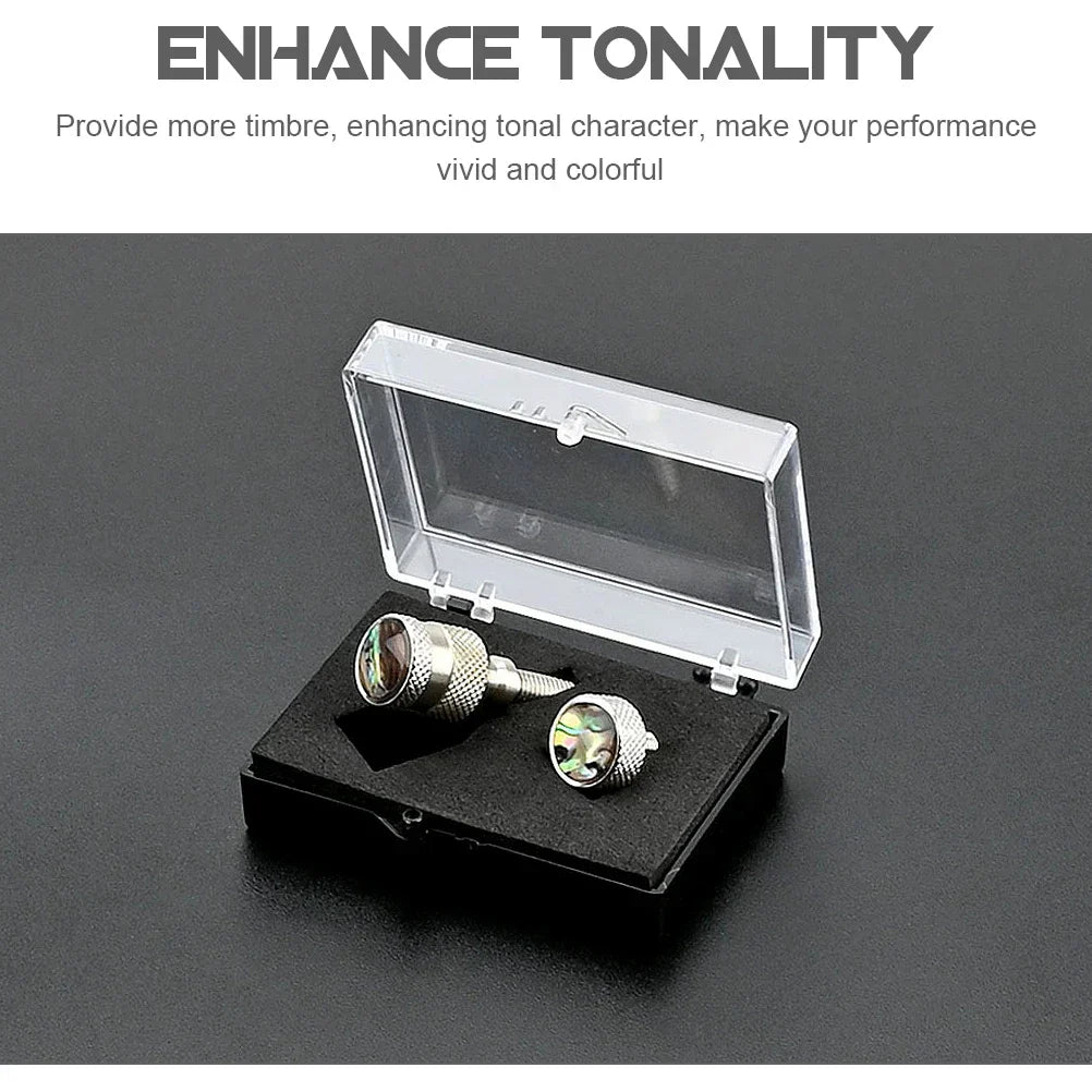 Silver-toned guitar tuning pegs with iridescent abalone inlays in a clear plastic box accessory metal professional for nut instrument repair