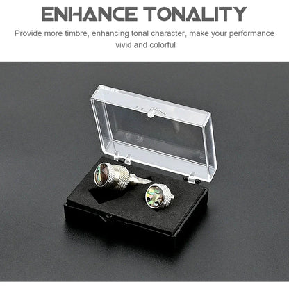 Silver-toned guitar tuning pegs with iridescent abalone inlays in a clear plastic box accessory metal professional for nut instrument repair
