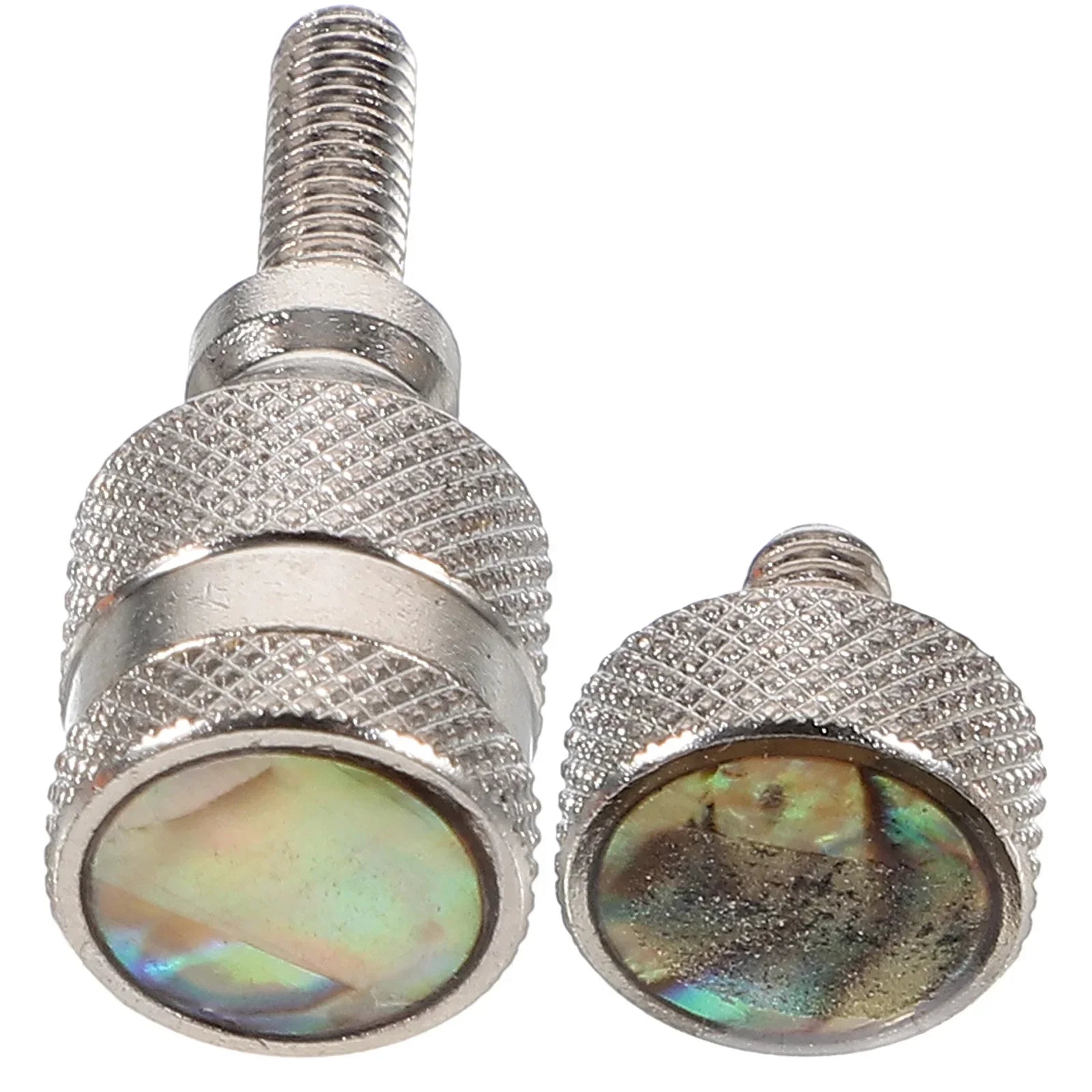 Silver-toned knurled screw caps with iridescent abalone inlays for saxophone neck curved nut instrument repair accessory metal professional
