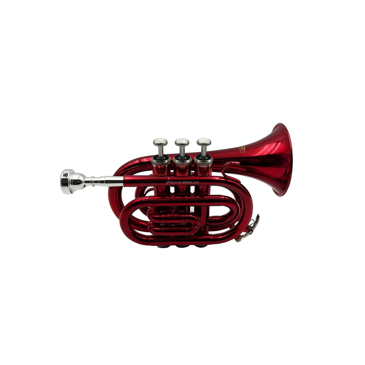 A high quality mini red oem jypt406rd brass body mini pocket trumpet with silver valves and matching mouthpiece