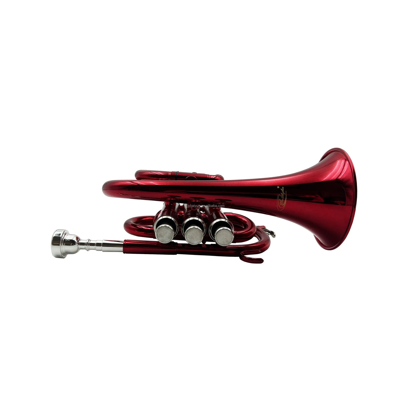 A shiny red oem jypt406rd mini pocket trumpet with silver valves and polished brass body by seasound high quality