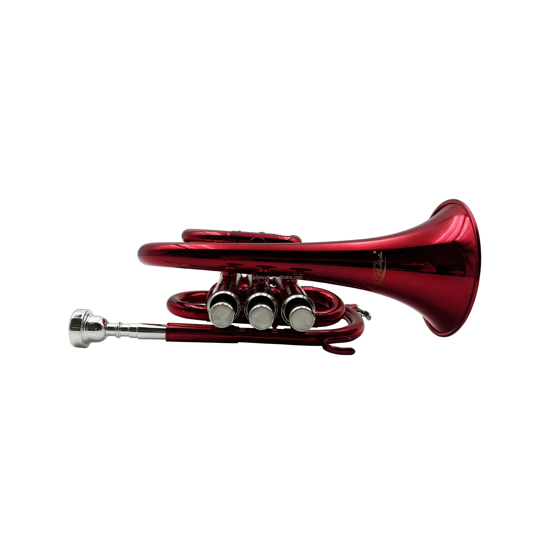 A shiny red oem jypt406rd mini pocket trumpet with silver valves and polished brass body by seasound high quality