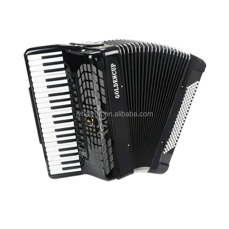 Black golden jp2003 professional accordion with glossy finish and contrasting white keys featuring registers piano keyboard