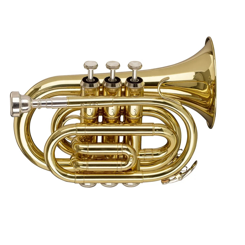 Shiny gold brass seasound mini pocket trumpet oem jypt406 with three valves and flared bell for bb tone play