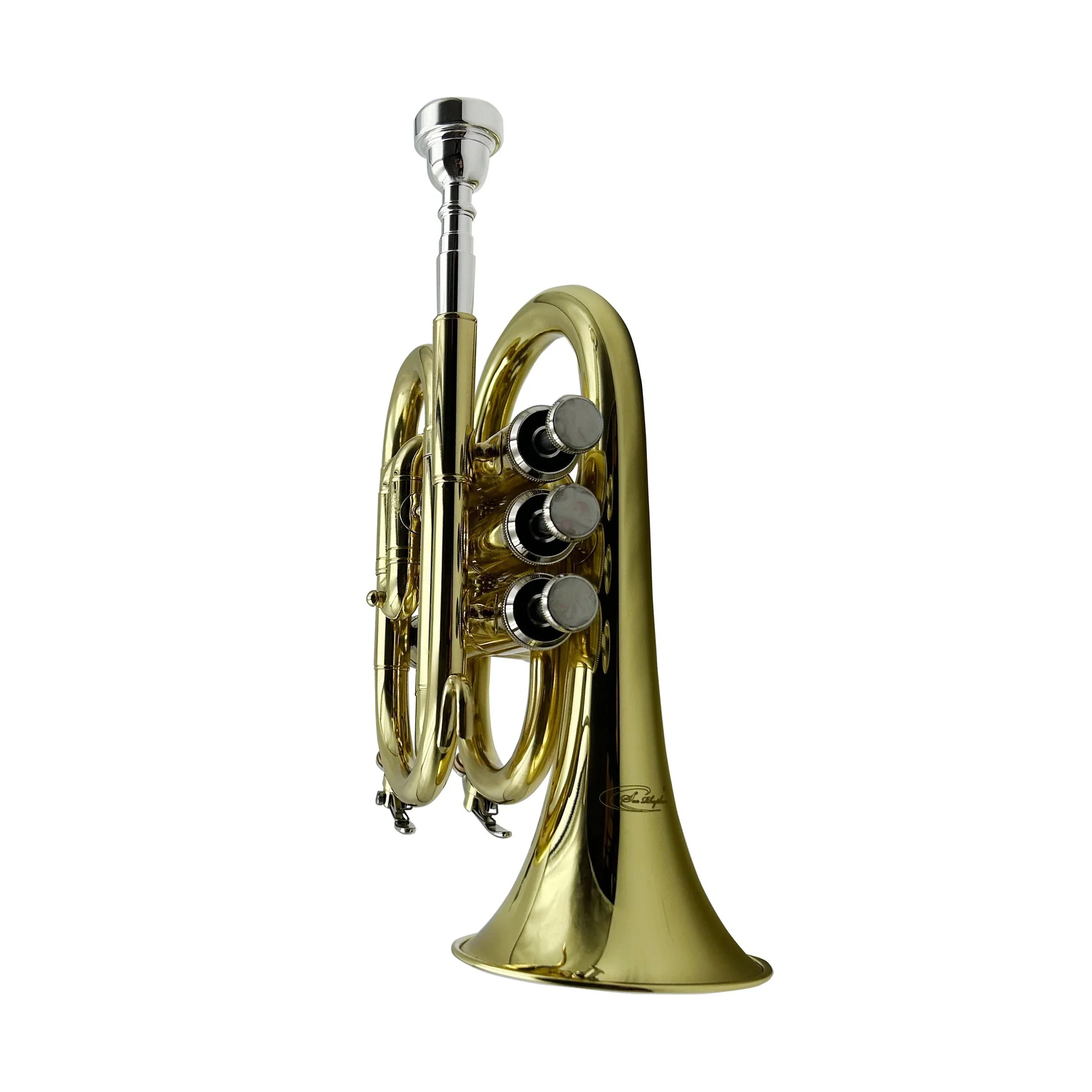 A shiny gold brass seasound mini pocket trumpet with silver mouthpiece and three valves trumpet oem jypt406 model