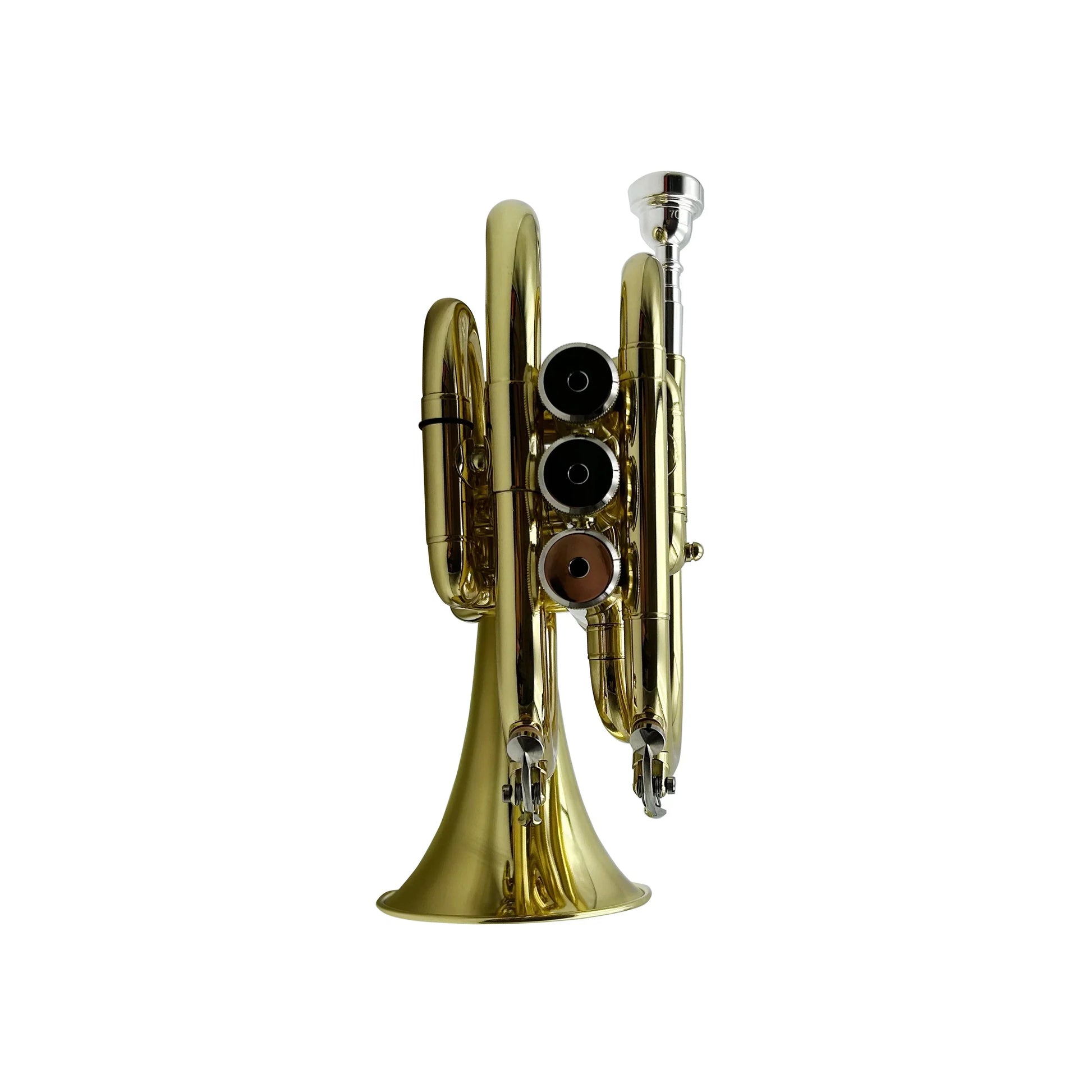 A shiny gold brass seasound mini pocket trumpet oem jypt406 with a silver mouthpiece and three black valves