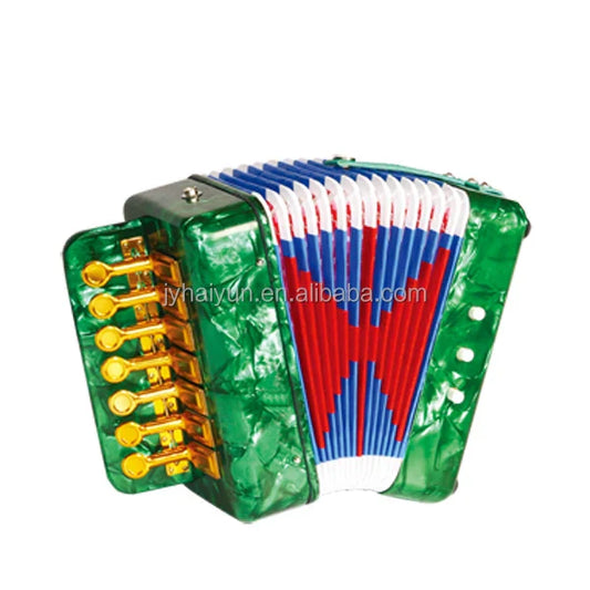 Seasound oem 14-tone chromatic accordion durable wooden toy instrument with green plastic body and gold keys for children