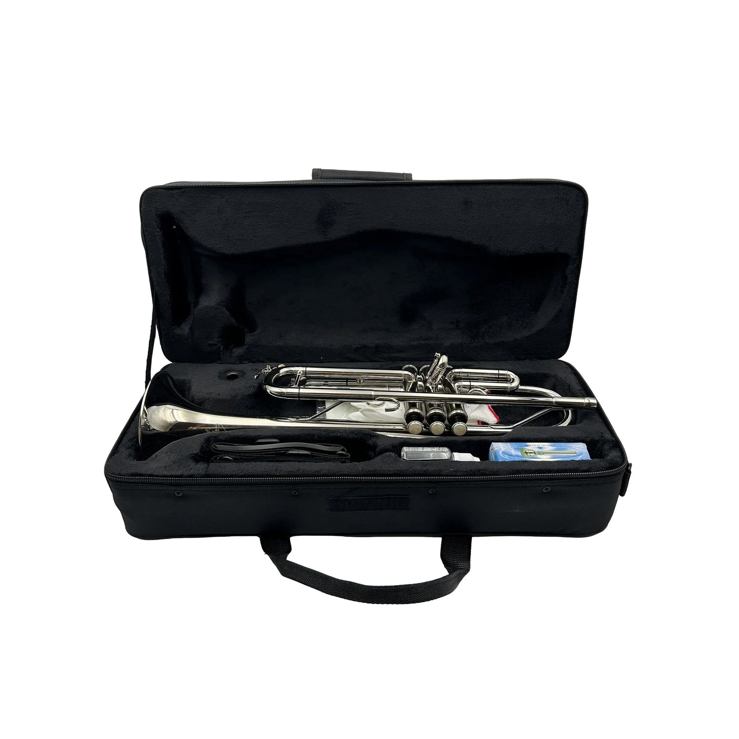 Shiny silver nickel trumpet jytr401n with brass body nestled in black padded case with carrying handle