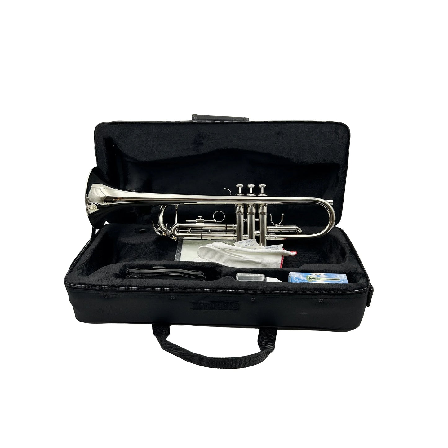 Shiny silver nickel trumpet jytr401n with brass body nestled in black padded carrying case for protection