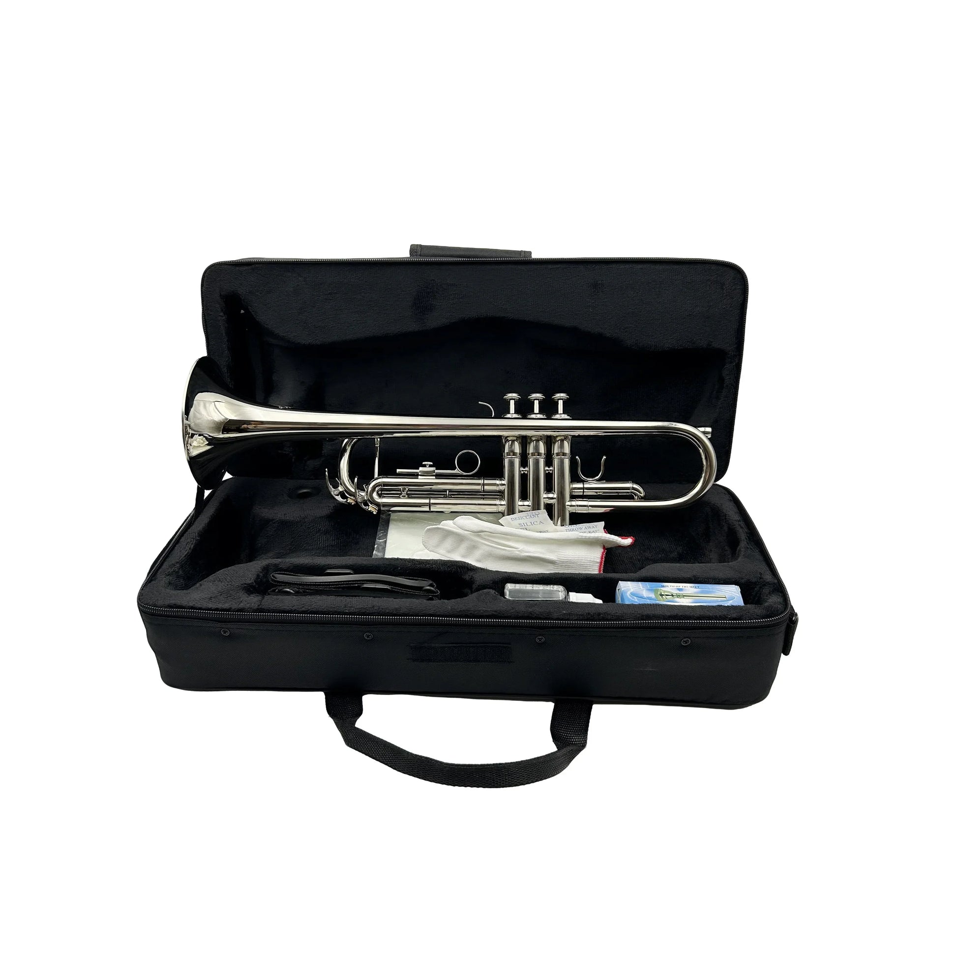 Shiny silver nickel trumpet jytr401n with brass body nestled in black padded carrying case for protection