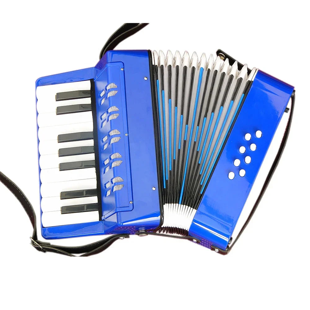 Vibrant blue seasound oem chromatic bass accordion uc107 with black and white keys and silver bellows accents for children