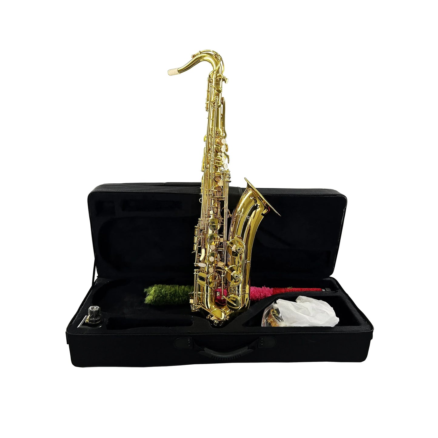 Gold bb tenor saxophone woodwind instrument with brass body adjustable features displayed upright in black case