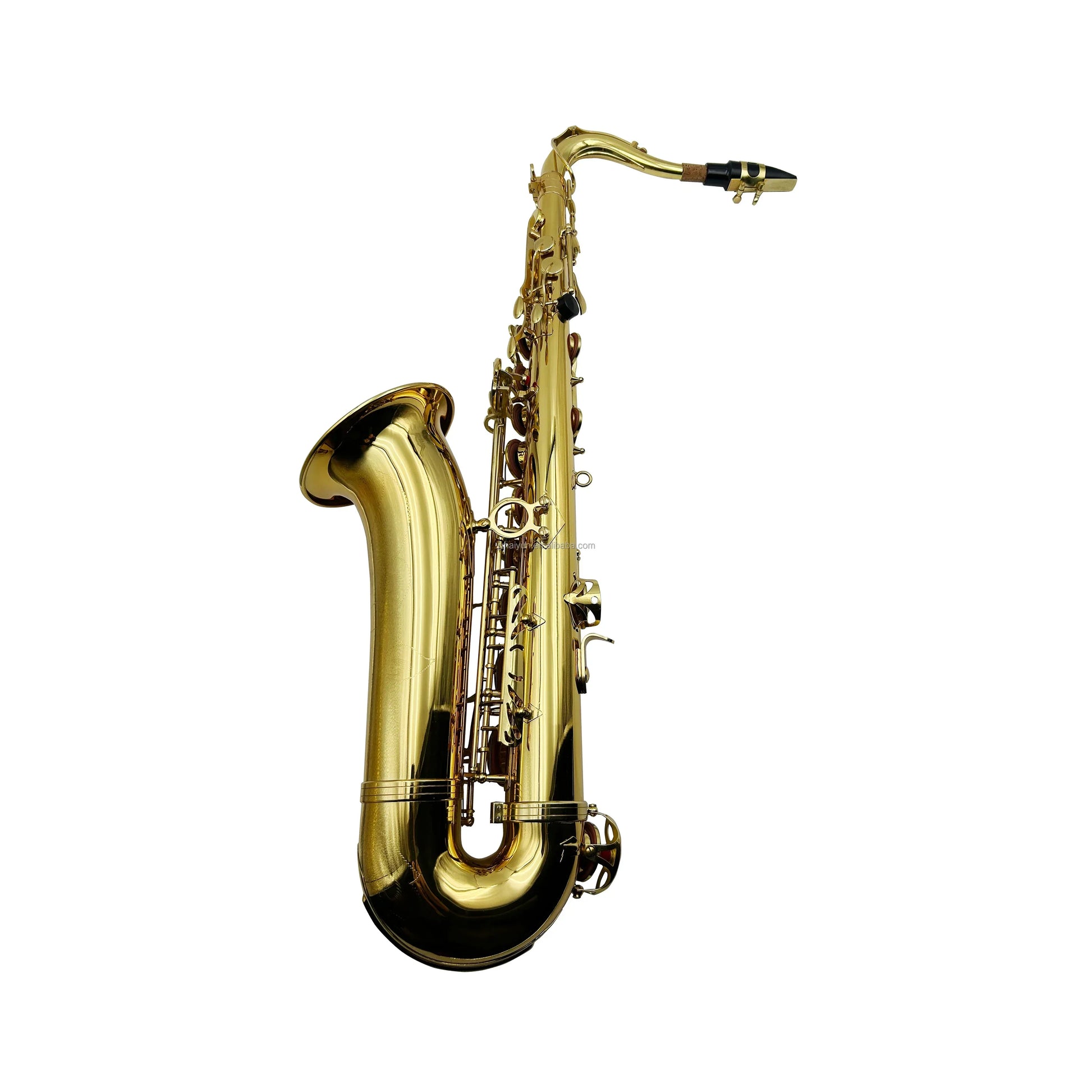 Gold bb tenor saxophone woodwind instrument with sleek brass body and black accents featuring adjustable design