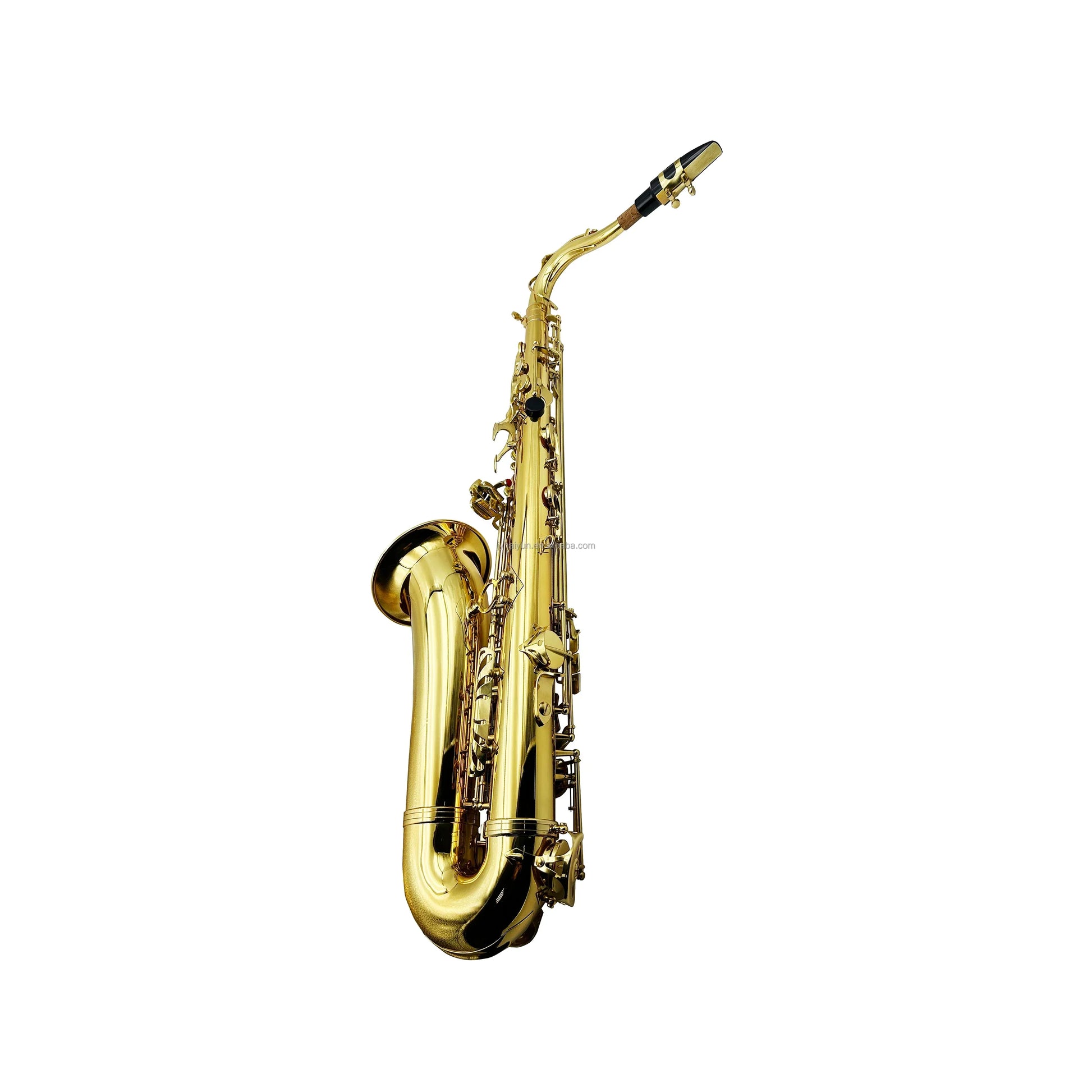 Gold bb tenor saxophone woodwind instrument with polished brass body and black accents featuring adjustable features
