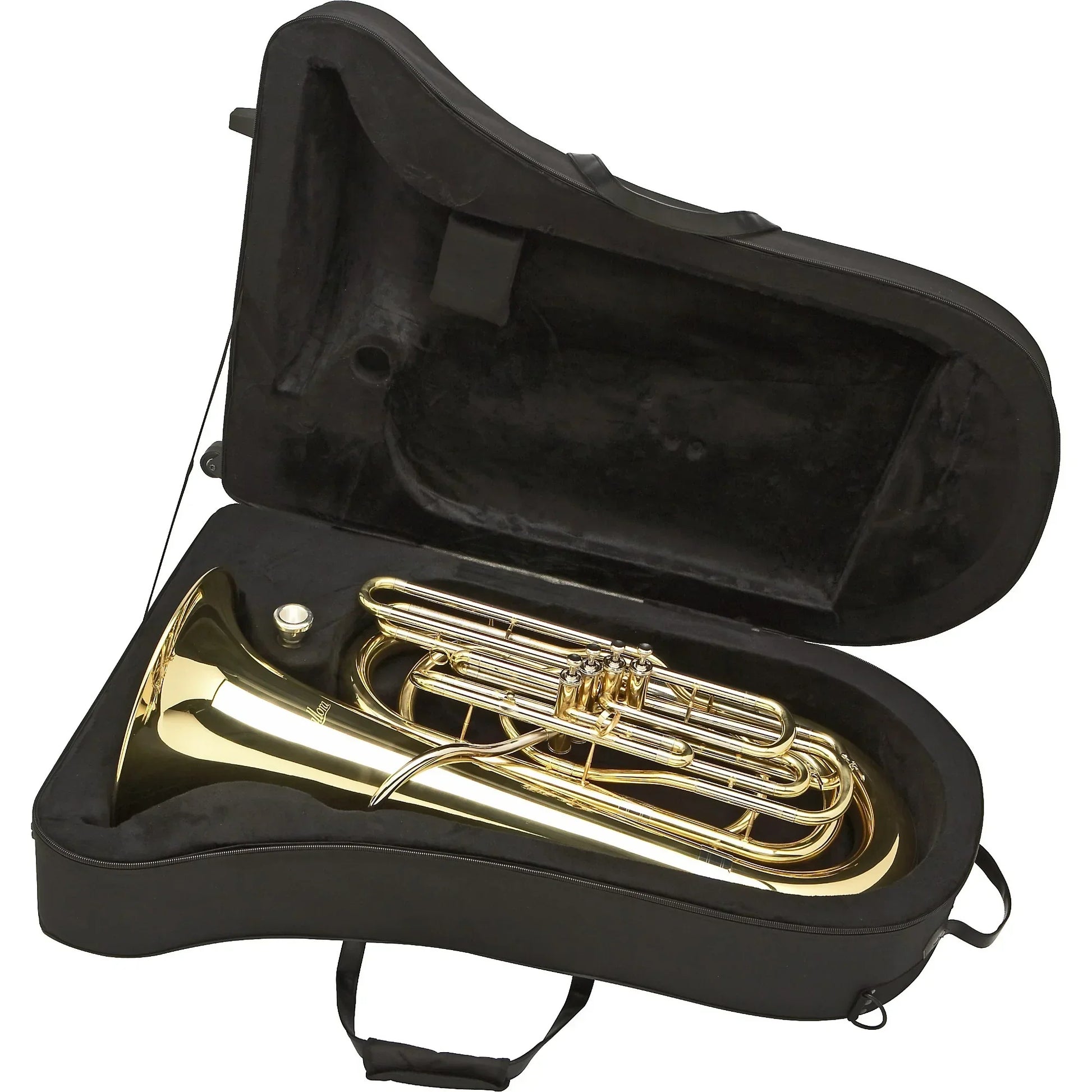 Seasound oem jytu0745 gold lacquer tuba with pistons nestled in a black padded case for protection