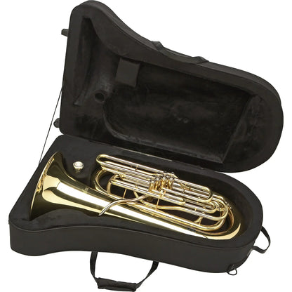 Seasound oem jytu0745 gold lacquer tuba with pistons nestled in a black padded case for protection