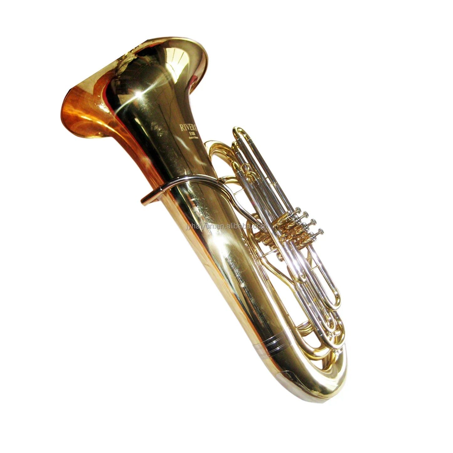 Shiny gold lacquer tuba with polished finish and intricate valve system by seasound oem jytu0745 pistons gold lacquer