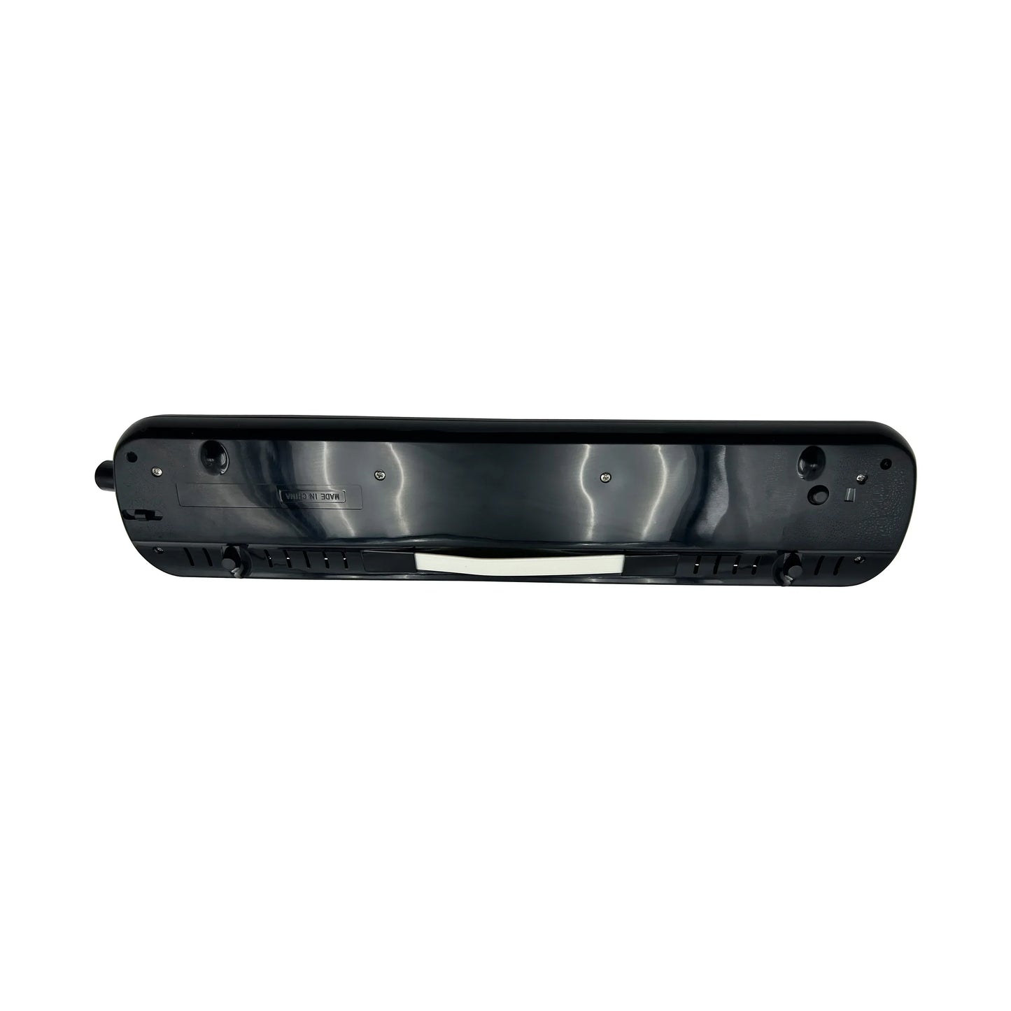 Black plastic base of seasound oem mini piano mouth organ with metallic silver panel and ventilation grilles bag diatonic jyml037