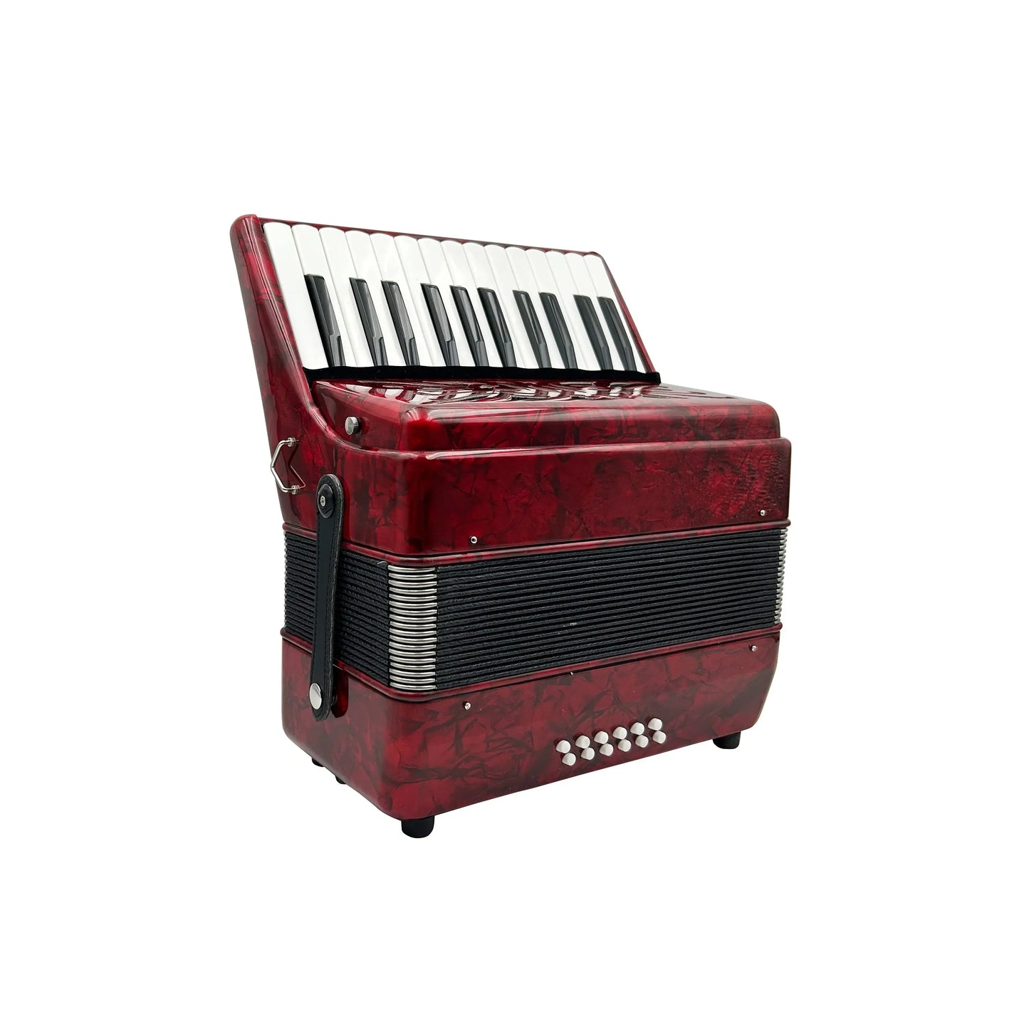 A glossy red seasound oem professional accordion instrument jp2512 with celluloid piano keyboard and silver accents