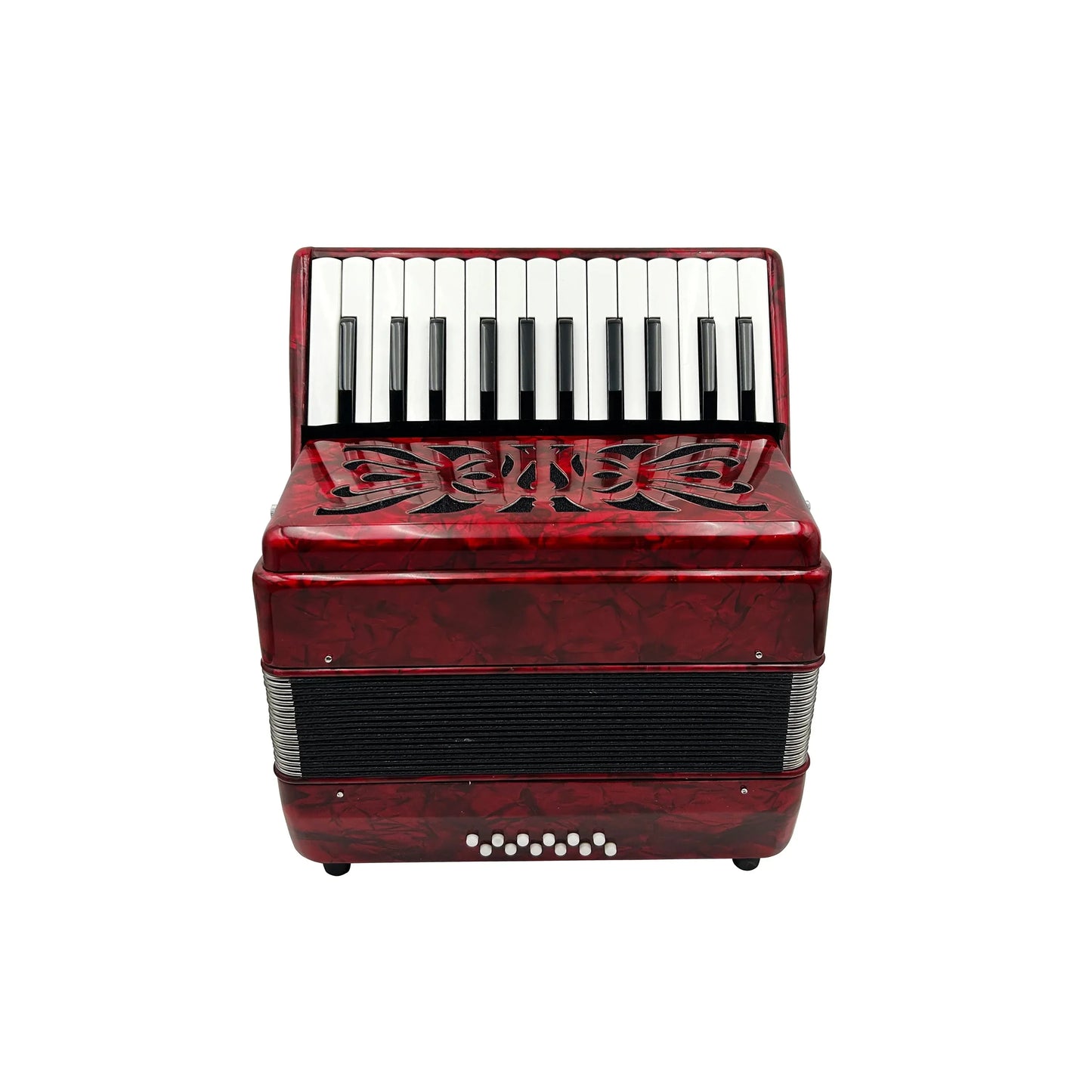 A glossy red seasound oem professional accordion instrument jp2512 with celluloid piano keyboard and silver bellows