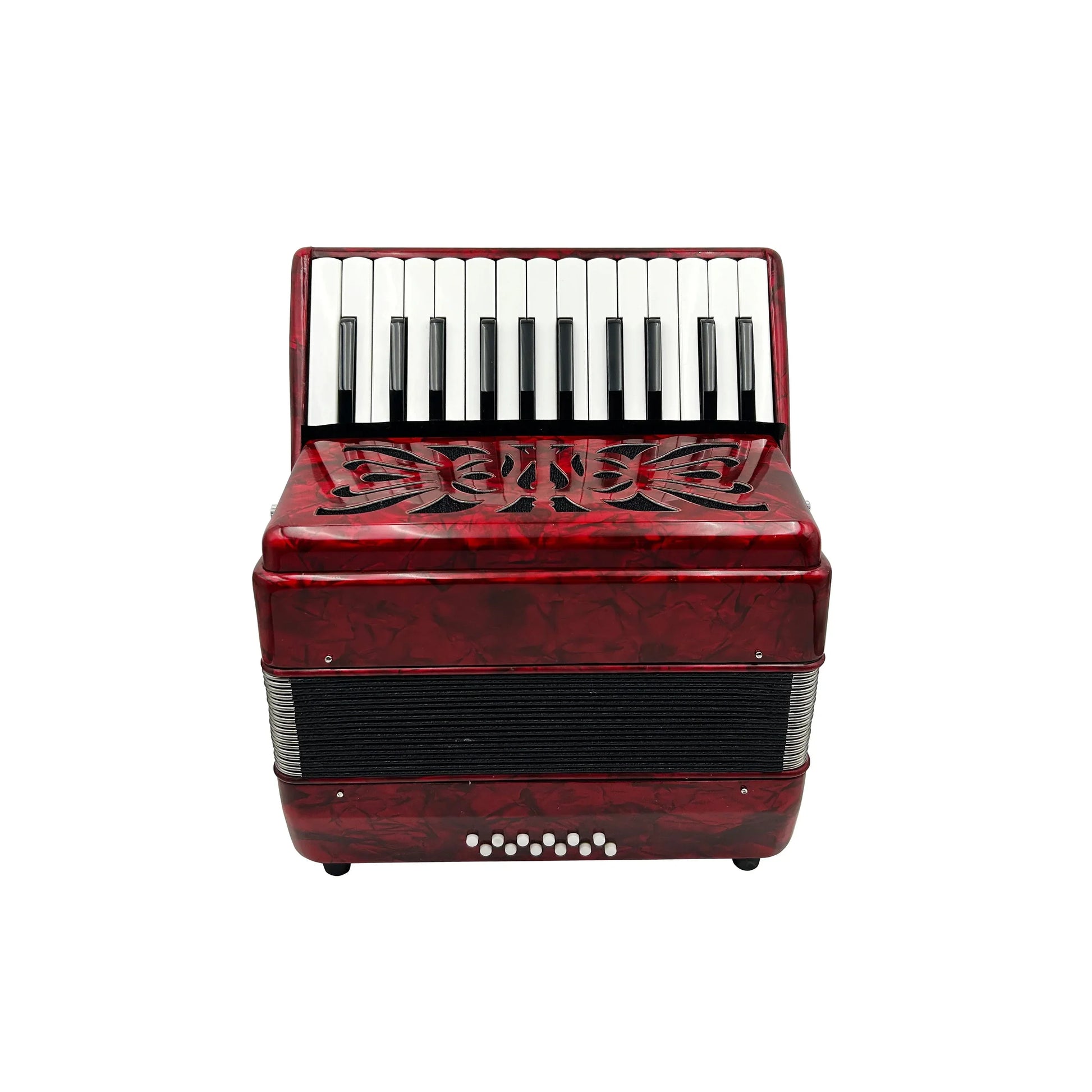 A glossy red seasound oem professional accordion instrument jp2512 with celluloid piano keyboard and silver bellows