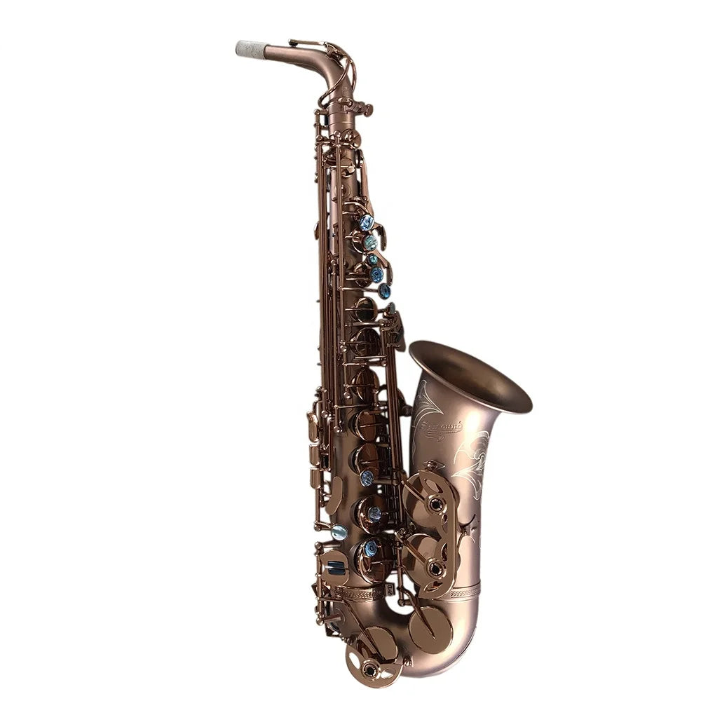 Bronze-colored seasound oem professional alto saxophone jyas102cfmt with intricate floral engravings and blue gemstone keys