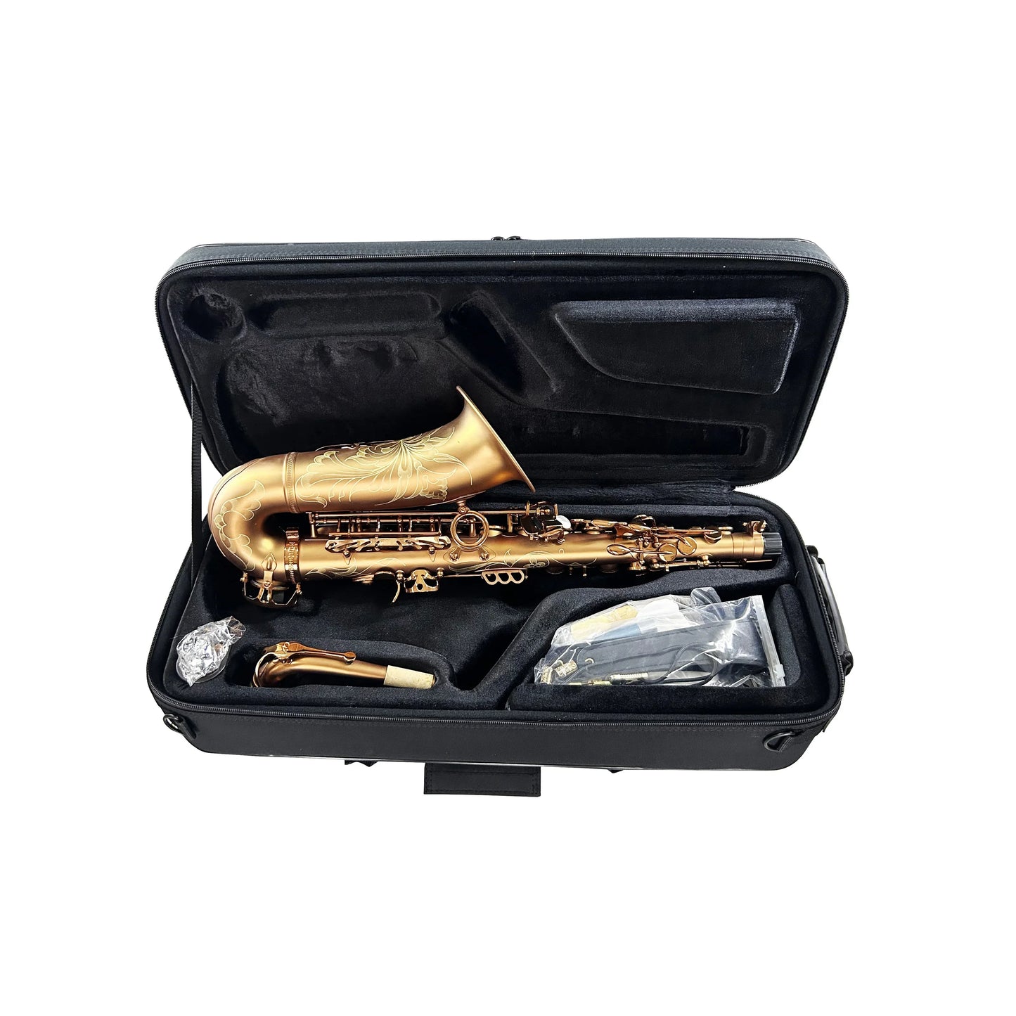 Golden seasound oem professional alto saxophone jyas102cfmt with intricate floral engravings in black protective case